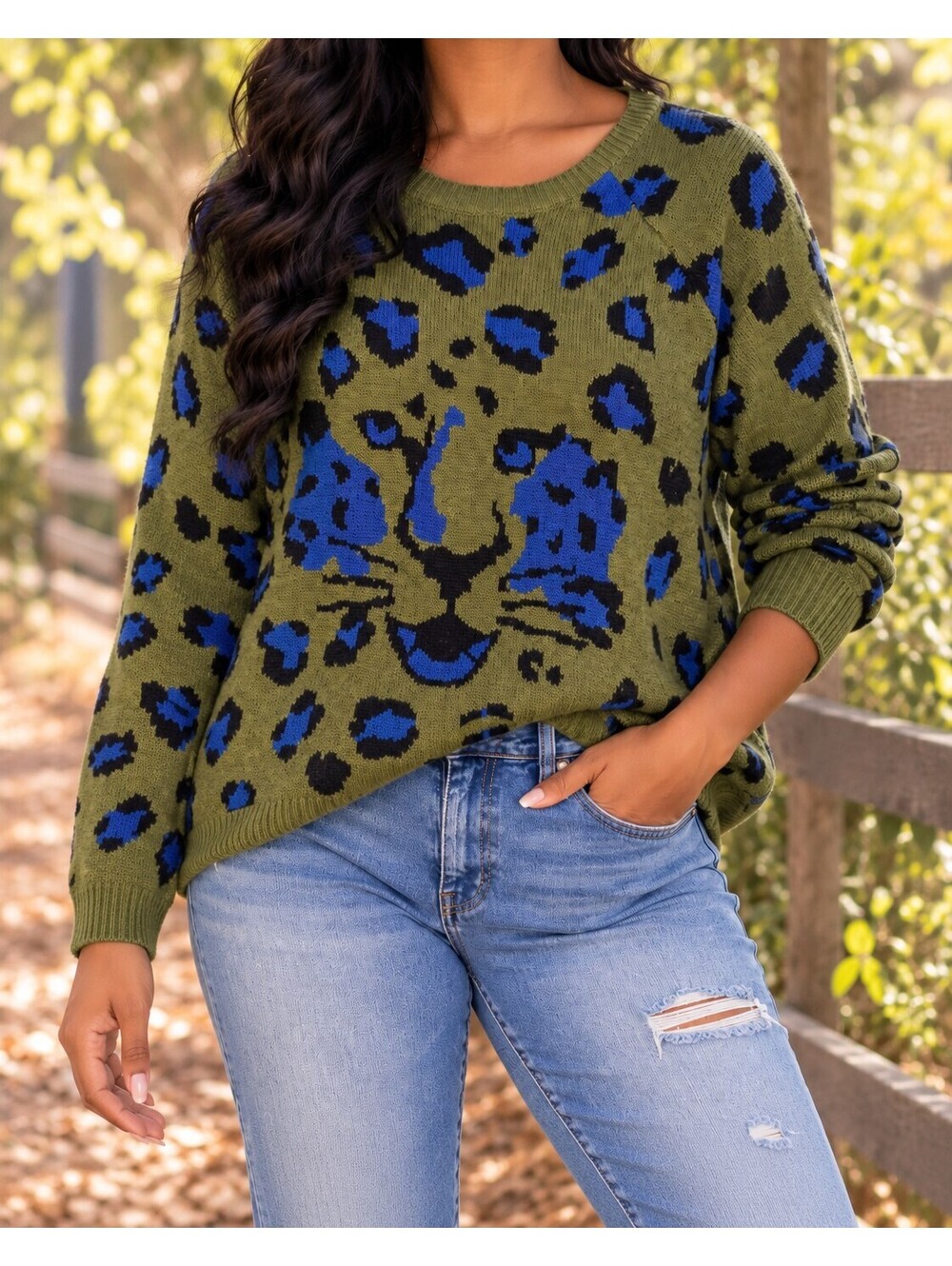 Hooked Up by I.O.T XL Olive Blue Leopard Big Cat Graphic Sweater